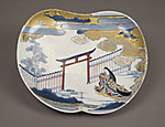 Dish with Design of Court Lady by the Gate of a Shinto Shrine

