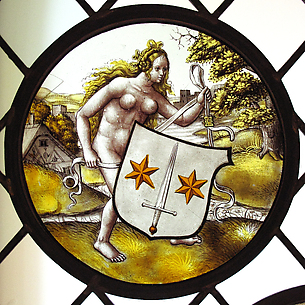 Roundel with Nude Woman Supporting a Heraldic Shield