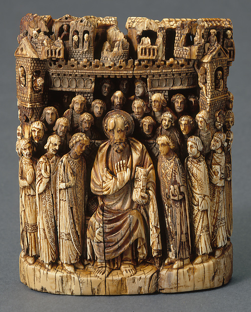 Tusk Fragment with Apostle (Saint Mark?) on Throne, Surrounded by Followers in Front of a City
