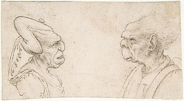 Two Grotesque Heads: Old Woman with an Elaborate Headdress and a Man with Large Ears