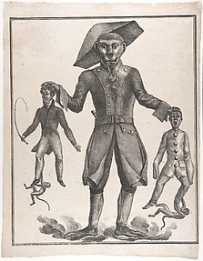 A Giant Monkey in Uniform Holding up Pierrot and a Man with a Whip