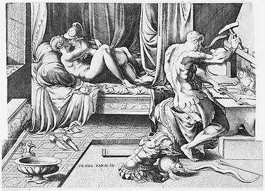 Venus and Mars Embracing as Vulcan Works at His Forge
