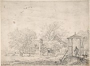 House among Trees, at Right Man and Dog on a Footbridge