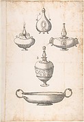 Design for Shallow Two Handled Dish and Four Perfume Bottles