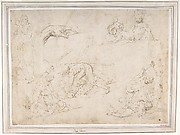 Figure Studies: Three Sketches of Cain Killing Abel, with an Altar of Sacrifice at Center, Two Standing Women, a Hand, and a Seated Child with a Squirrel
