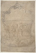 Design for a Bucket-Like Vessel with a Handle of Strapwork, on a Body Adorned with Dancing and Music-Making Antique-Style Figures.