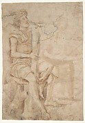 Seated Man Holding a Club or Other Implement (recto); Two Heads of Grotesque Men in Profile (verso).