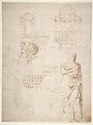 Sketches of a Funeral Monument, a Niche with Statues, a Helmet in the Shape of a Human Head, an Entablature and a Female Statue