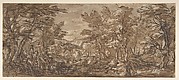 Forest Scene, a Halt at the Left, a Hunt at the Center