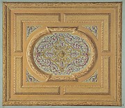 Design for a ceiling decorated with bands of oak leaves and a central panel of scrolls and rinceaux