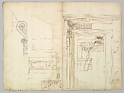 Palazzo Massimo alle Colonne, portico, elevation; portal, cornice, section; portal bracket, detail; fireplace, detail (recto) blank (verso)