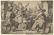 Two Elegantly Dressed Men and a Woman in a Garden