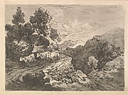 Landscape with a Figure Herding Cattle Along a Road Beside a Cottage, a Hillside at Left, a Forest in the Valley Below at Right (from Imitations of Modern Drawings)