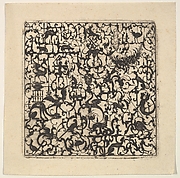 Square Blackwork Design in Silhouette Style with Schweifwerk and Grotesque Figures