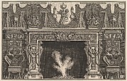Bird in shell at the center of the lintel, with a frieze of trophies, surmounted by an overmantel with candelabra and flanked by chairs. (Ch. décorée d'une frise de casques et d'armures . . .)