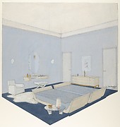Design for a bedroom, in blue, twin beds and other furniture of bleached wood, or laquered