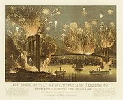 The Grand Display of Fireworks and Illuminations at the Opening of the Great Suspension Bridge Between New York and Brooklyn on the Evening of May 24, 1883. View from New York Looking towards Brooklyn.