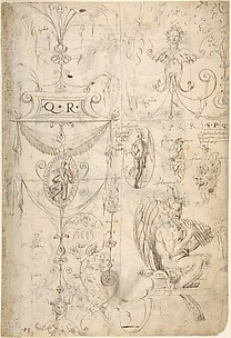 Grotesques, with Q.R. in Cartouche at Left, S.P.Q.R. at Right (recto); Grotesque with Fan at Bottom, Two Putti Holding Flowers (verso)