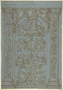 Design for an interior wall decoration with pilasters adorned with foliage and grotesque designs with fantastic creatures in the