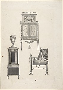 Design for furniture in a variation on the style of Thomas Sheraton, a desk or bookcase, a plate-warmer (?) pedestal, and a cradle
