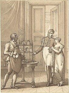 Design for a Book Illustration: an Amorous Couple Beside Birds in a Cage