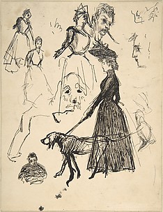 (r) Sketches of Andrée Bonnard, the dog Ravageau, Claude Terrasse and, at lower left, the artist, himself, c. 1889; (v) A Grass Hut before a Wattled Fence