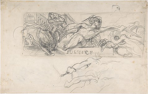 Study for an allegorical figure of Justice in the ceiling decoration of the Salon du Roi, Palais Bourbon; verso: studies of allegorical figures, and architectural sketches.