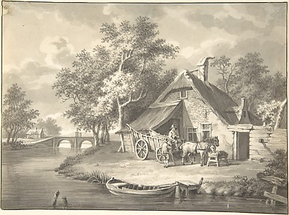 A Haywagon Infront of a Cottage Beside a Stream