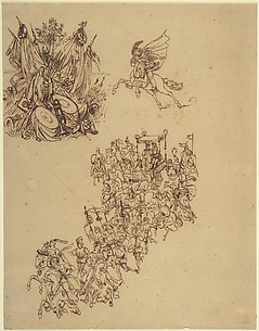 Sheet of Studies:  A Marriage Procession in Sixteenth Century Dress; a Cavalier; and a Trophy of Arms