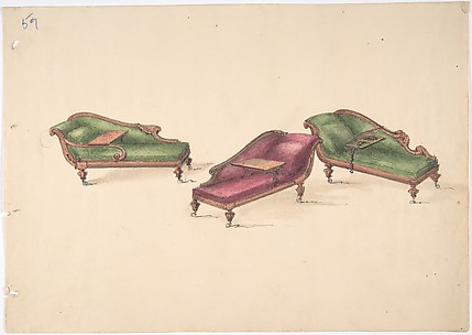 Design for Three Reclined Reading Sofas with Trays, on Casters, Upholstered in Green and Red