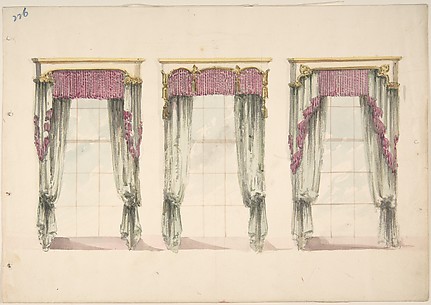 Design for Gray Curtains with Pink Fringes, and White and Gold Pediments