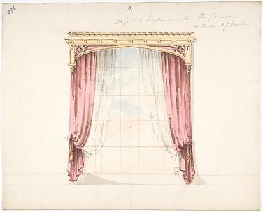 Design for Red Curtains with a Gothic Style Gold Pediment