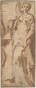 Standing Female Figure and Ornamental Framework.
