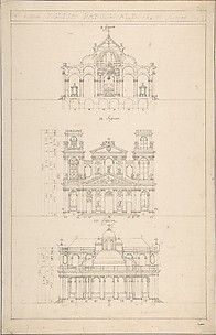 Drawing of Interior, Façade, and Rear of Church