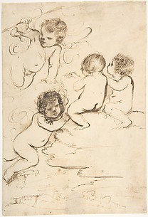 Four Putti with Bow and Arrows on Clouds above a Landscape with a Tower.