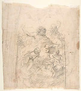 A Bearded Prophet in Glory Attended by a Bishop, Two Other Male Saints, and Angels (Design for a Section of a Dome).