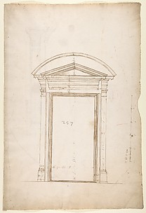 San Lorenzo, Library, Ricetto, entry portal from library, elevation (recto) San Lorenzo, Library, Ricetto, entry portal from library, plan and section (verso)