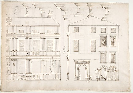 Villa Farnesina, Stables, half front elevation and end elevation (recto) Palazzo Salviati-Adimari, plan (verso)