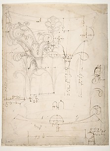 Unidentified Corinthian capital, elevation, section, and ceiling plan (recto) blank (verso)