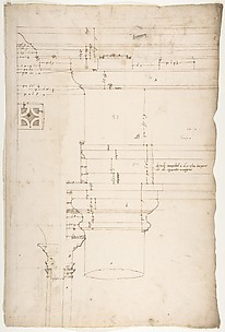 Portico at the Porta Carmentalis, Tuscan capital and entablature, elevation; pier, section, detail (recto) S. Prassede, Quadriportico, Doric capital, elevation; Palazzo Massimo alle Colonne, column shaft, profile (verso)