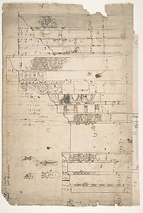 Forum of Nerva, entablature, elevation; cornice, elevation (recto) Forum of Nerva, architrave panel, ceiling plan, Corinthian, capital (verso)