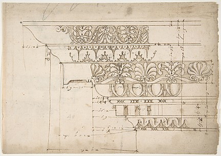 Domus Augustiana, cornice, elevation in profile, ornamental detailing (recto) Unidentified, cornice, elevation in profile, ornamental detailing (verso)