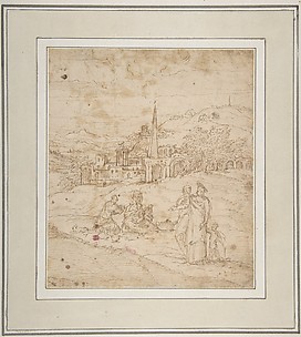Standing and Seated Figures in a Landscape with an Obelisk