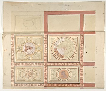 Design for the decoration of the ceiling of a vestibule in painted panels with roman key borders