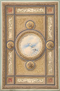 Design for a carved and painted ceiling with clouds and ducks in the central circular panel