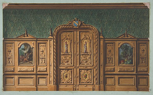 Design for a room with wood panels inset with paintings and a heavily-carved double door