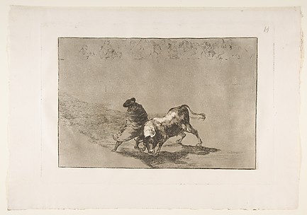 The very skillful student of Falces, wrapped in his cape, tricks the bull with the play of his body, plate 14 of La Tauromaquia