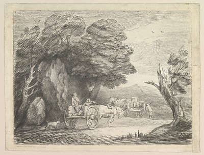Wooded Landscape with Two Country Carts and Figures