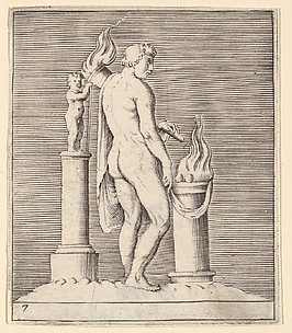 Man with Torch between Flaming Altar and Statuette