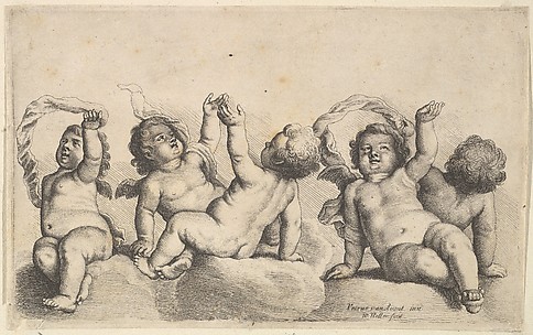 Three Cherubs and Two Boys on Clouds